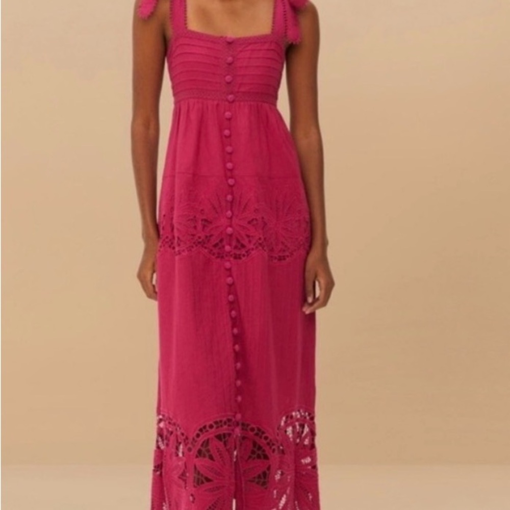 Farm Rio Fuchsia Lace-Detail Midi Dress